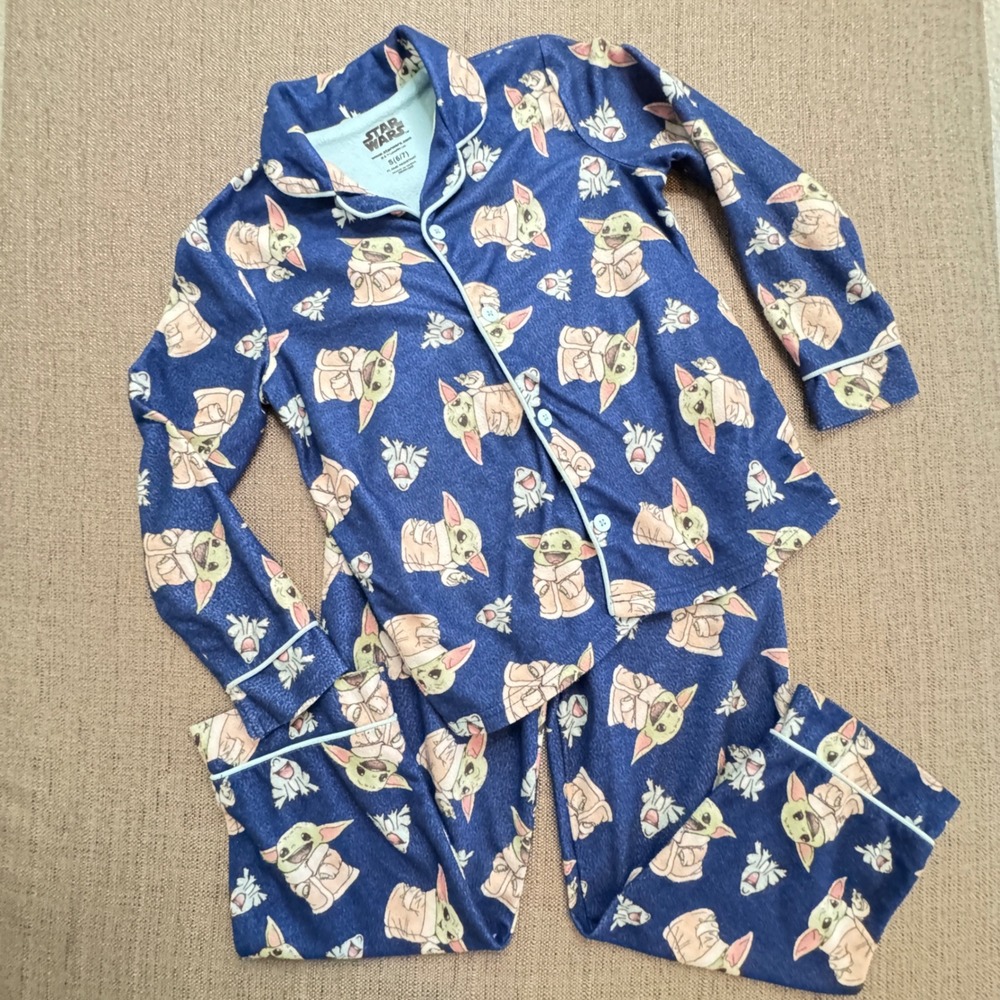 Star Wars Grogu Baby Yoda Fleece Pajama Set Kids Size S 6/7 Blue Mandalorian